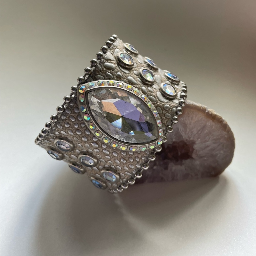 Silver Rhinestone Studded Leather Bracelet